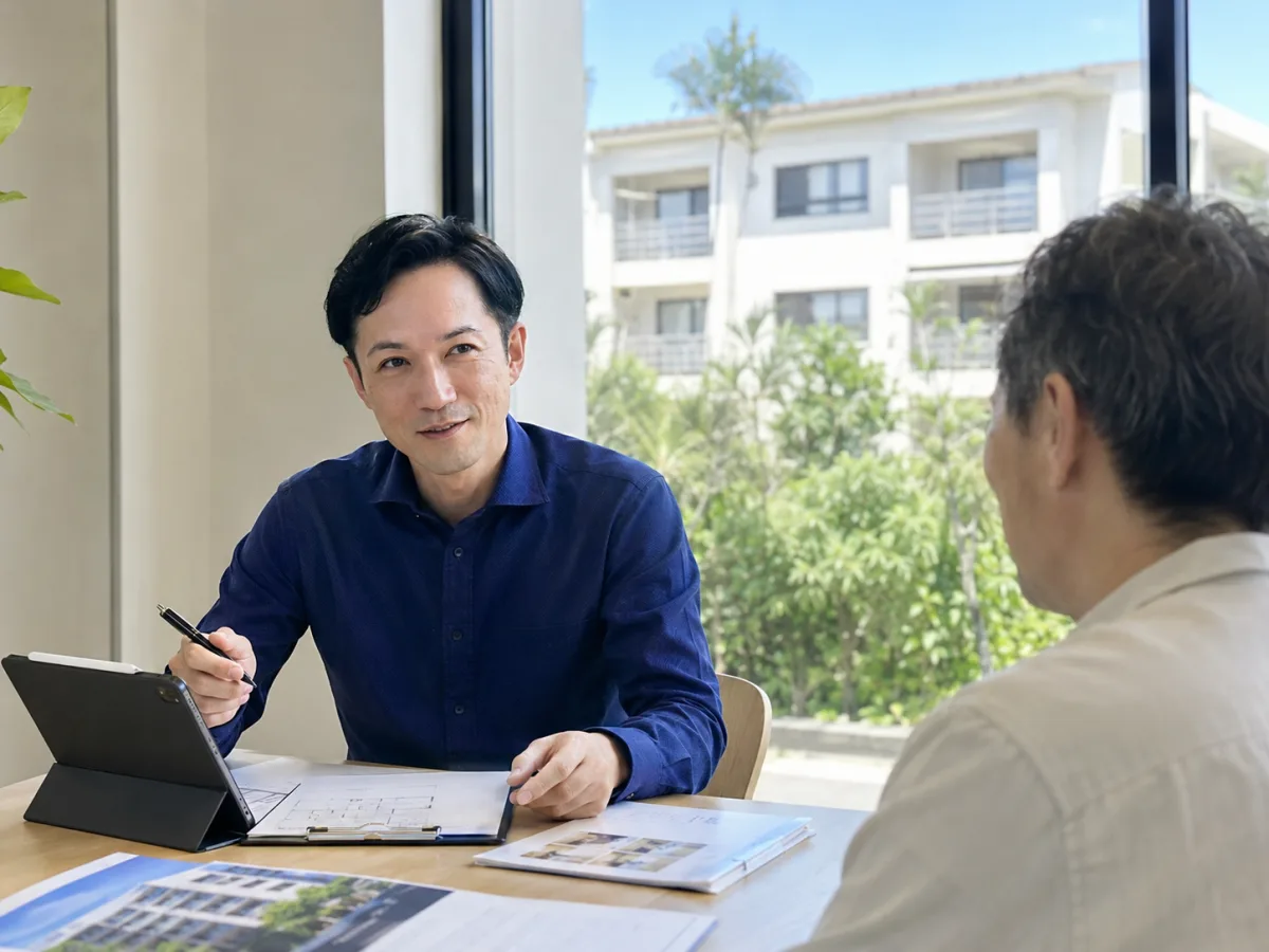 アパート管理について、オーナーと打ち合わせをしている様子